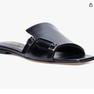 FOWT Women's Double Buckle Flats Square Open Peep Toe Slides Casual Strap